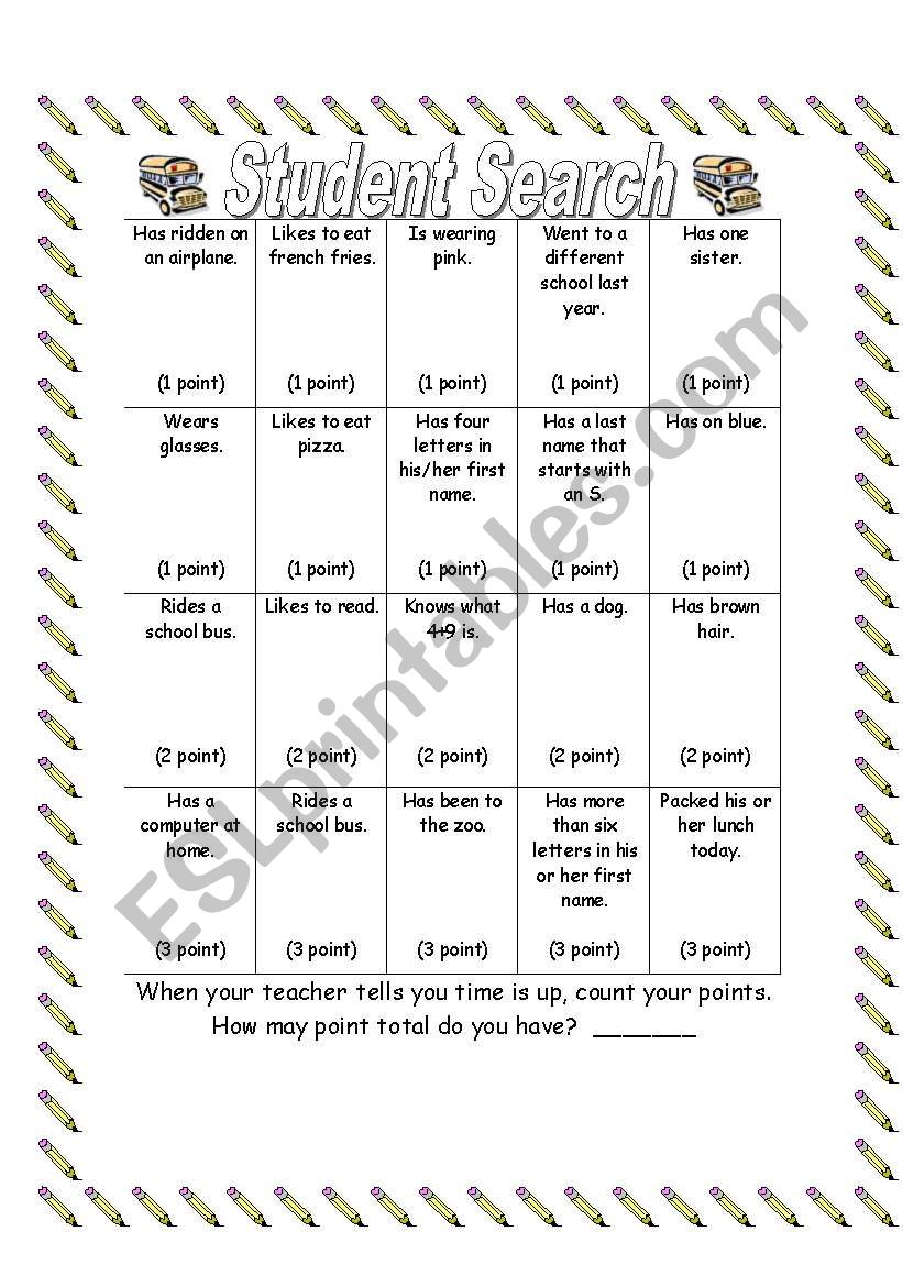 Bingo worksheet