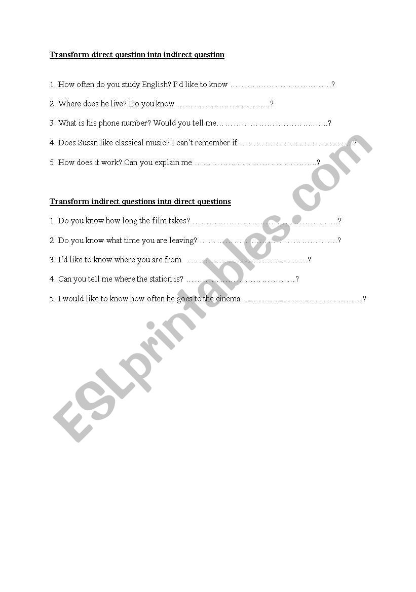 Direct and indirect questions worksheet