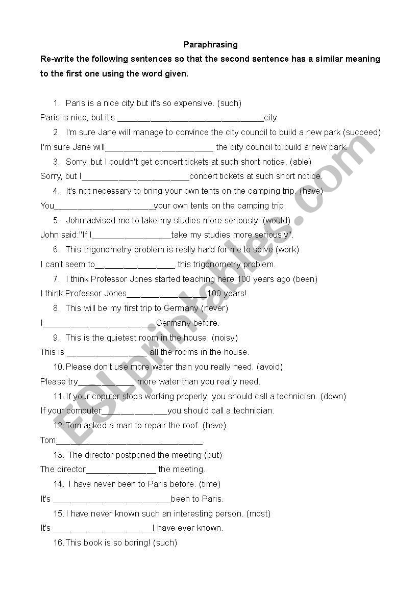 Paraphrasing and word building/transformation