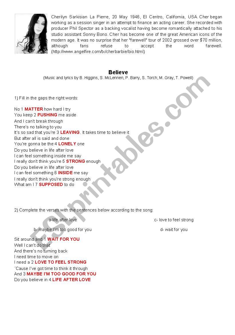 Song - Believe (Cher) worksheet