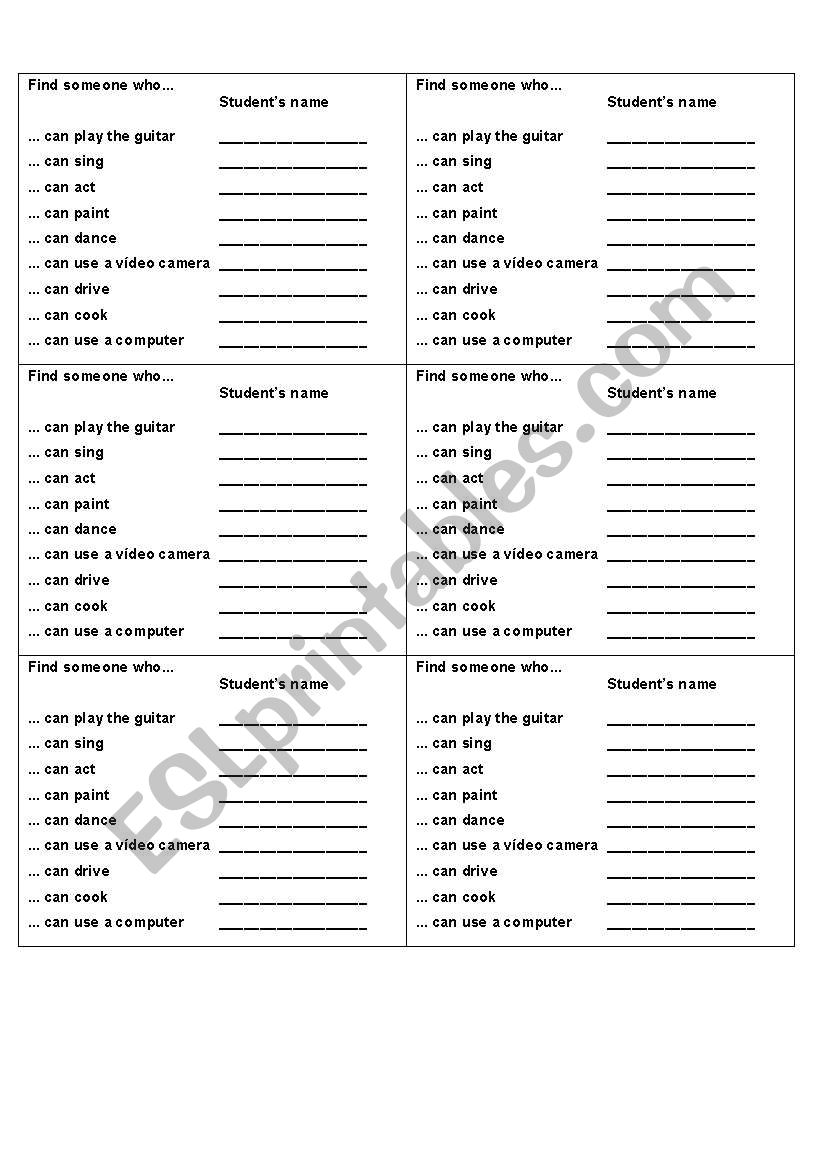 Can - Find someone who worksheet
