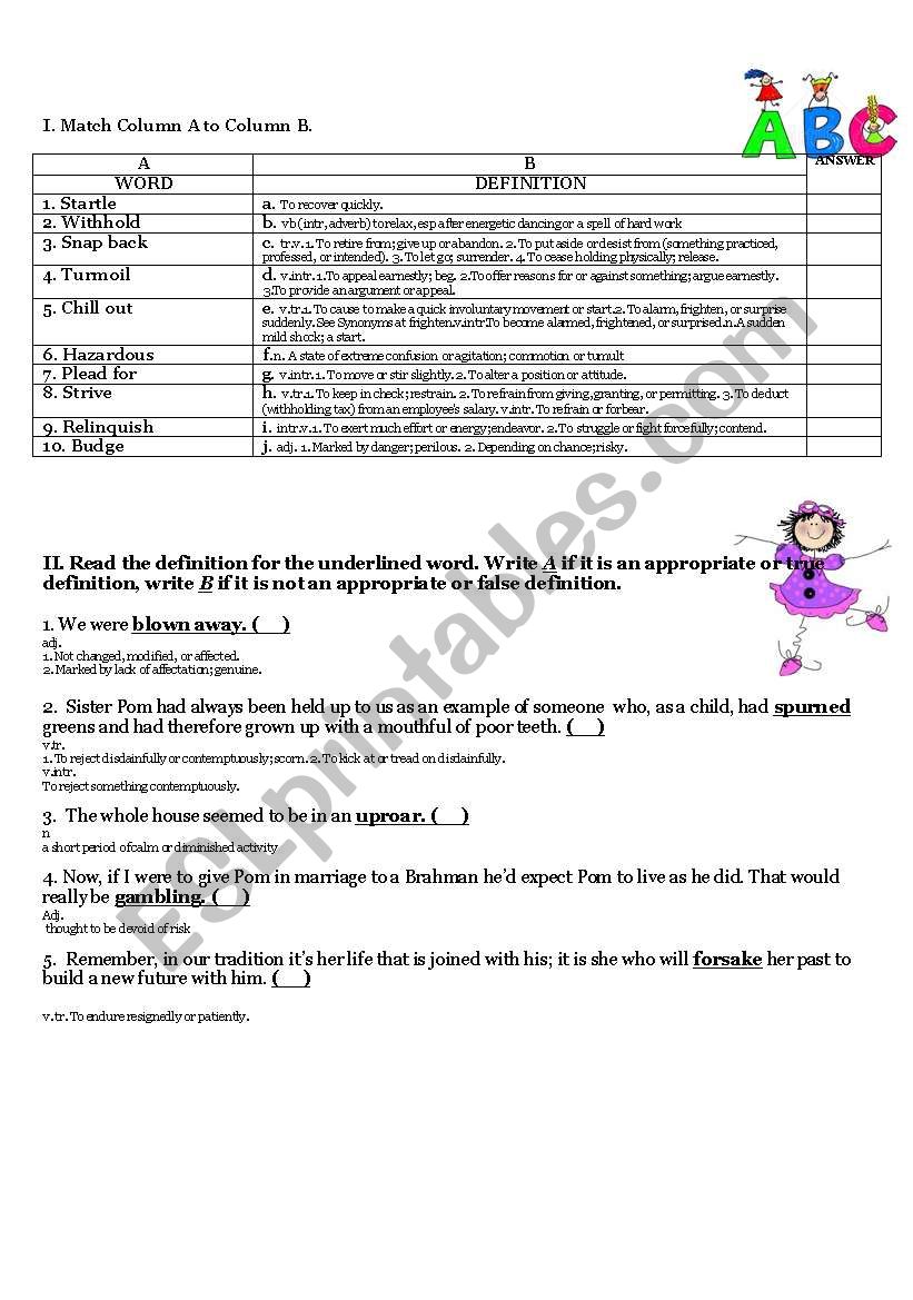 ADVANCED VOCABULARY QUIZ worksheet