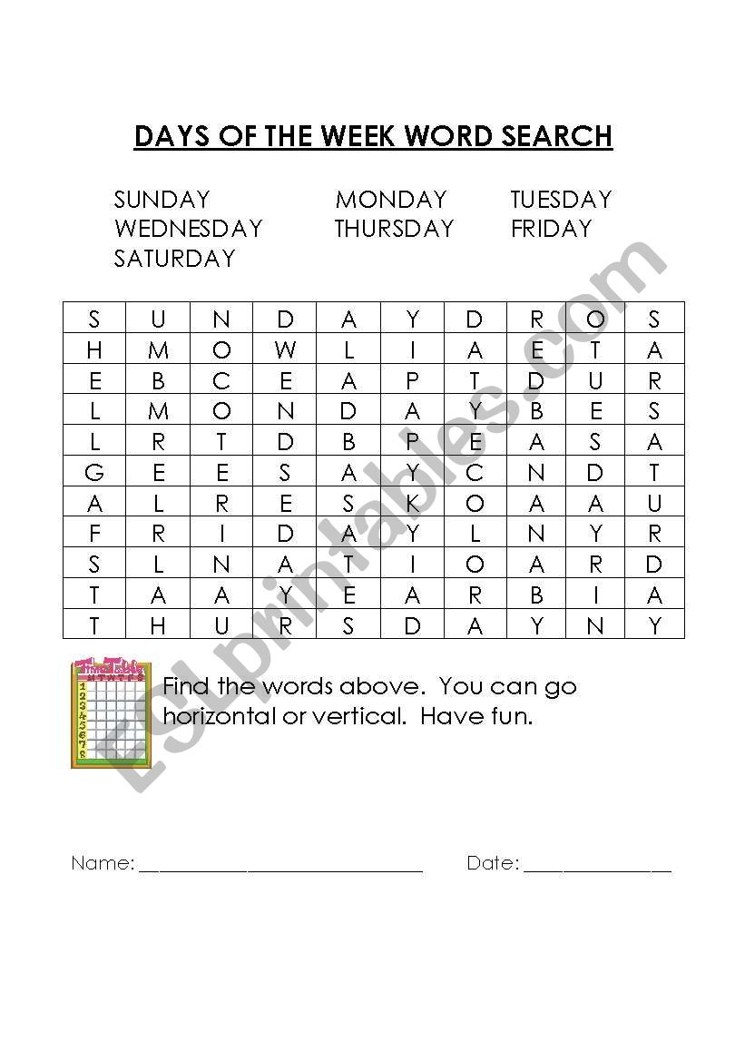 dAYS OF THE wEEK wORD sEARCH worksheet