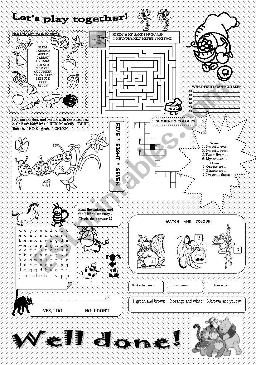 Fruit & vegetables, colours & numbers, animals - 7 easy exercises for kids  - ESL worksheet by Carlota_24