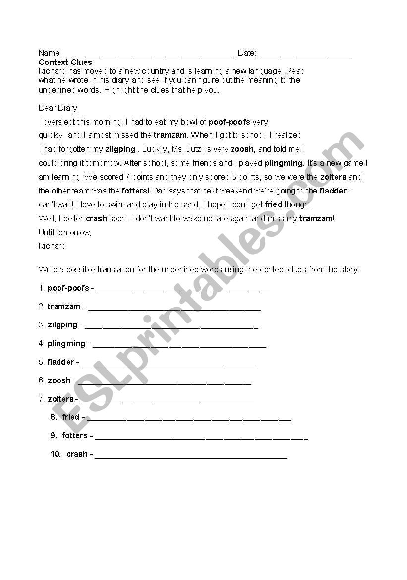 Context Clues worksheet