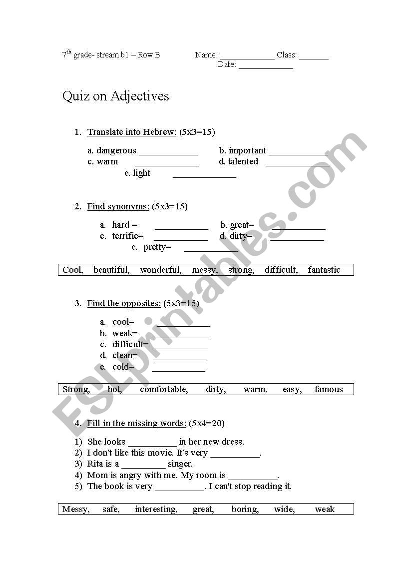 a quiz on adjectives worksheet