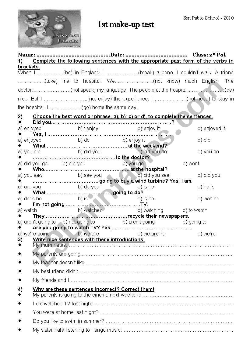 make up test worksheet