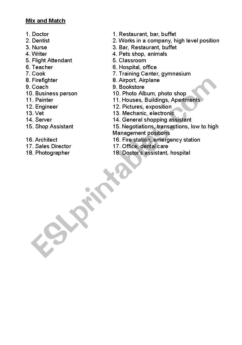 Professions Mix and Match worksheet