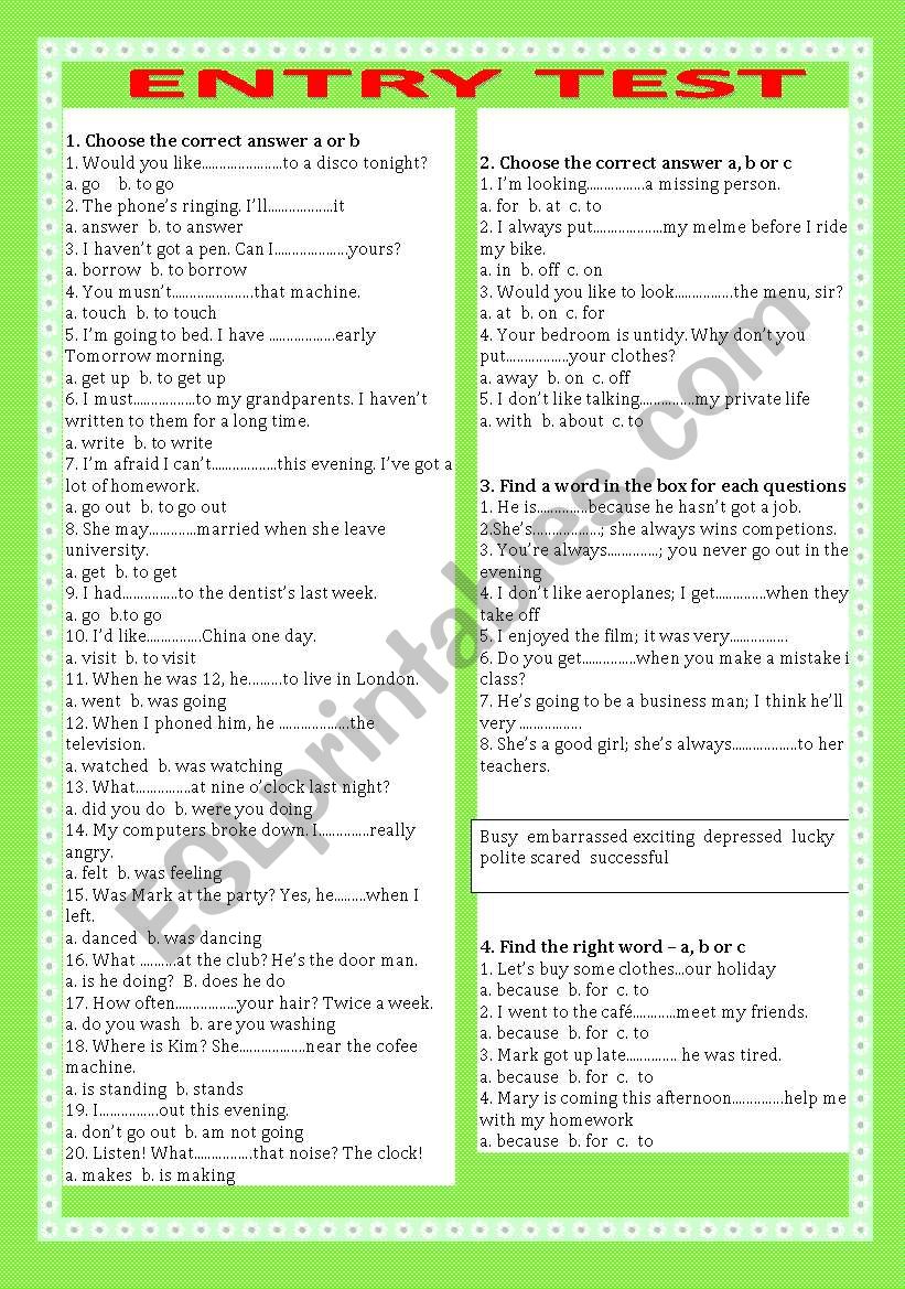 Entry test worksheet