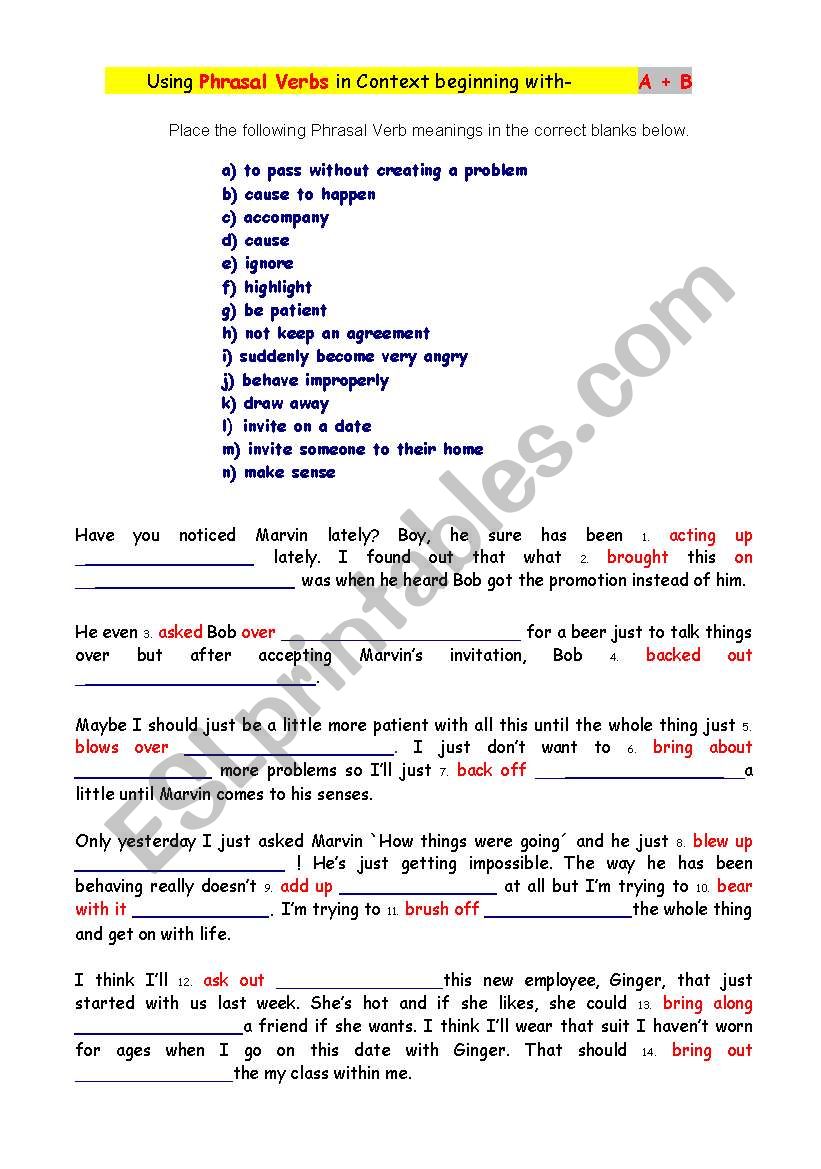 Using Phrasal Verbs in context. Letters A and part of B.