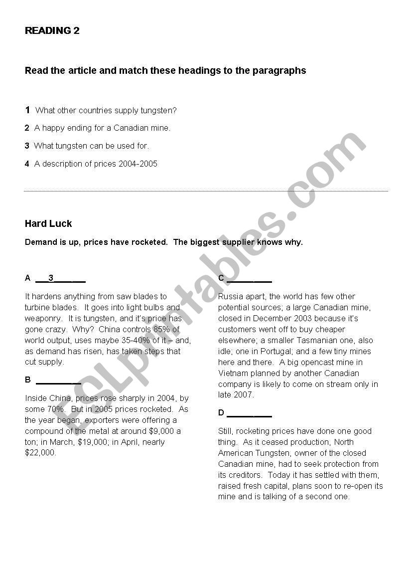 Reading exercise worksheet