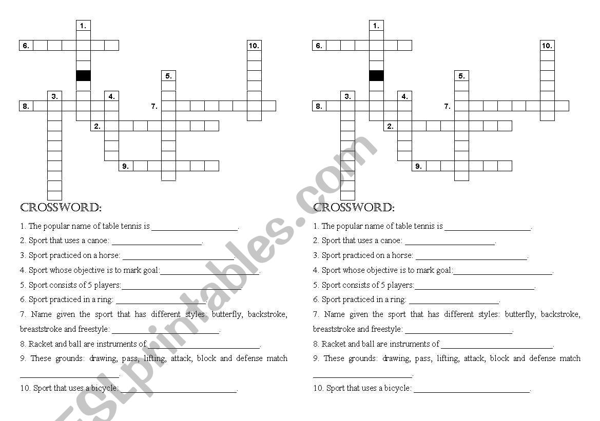 Crossword sports worksheet