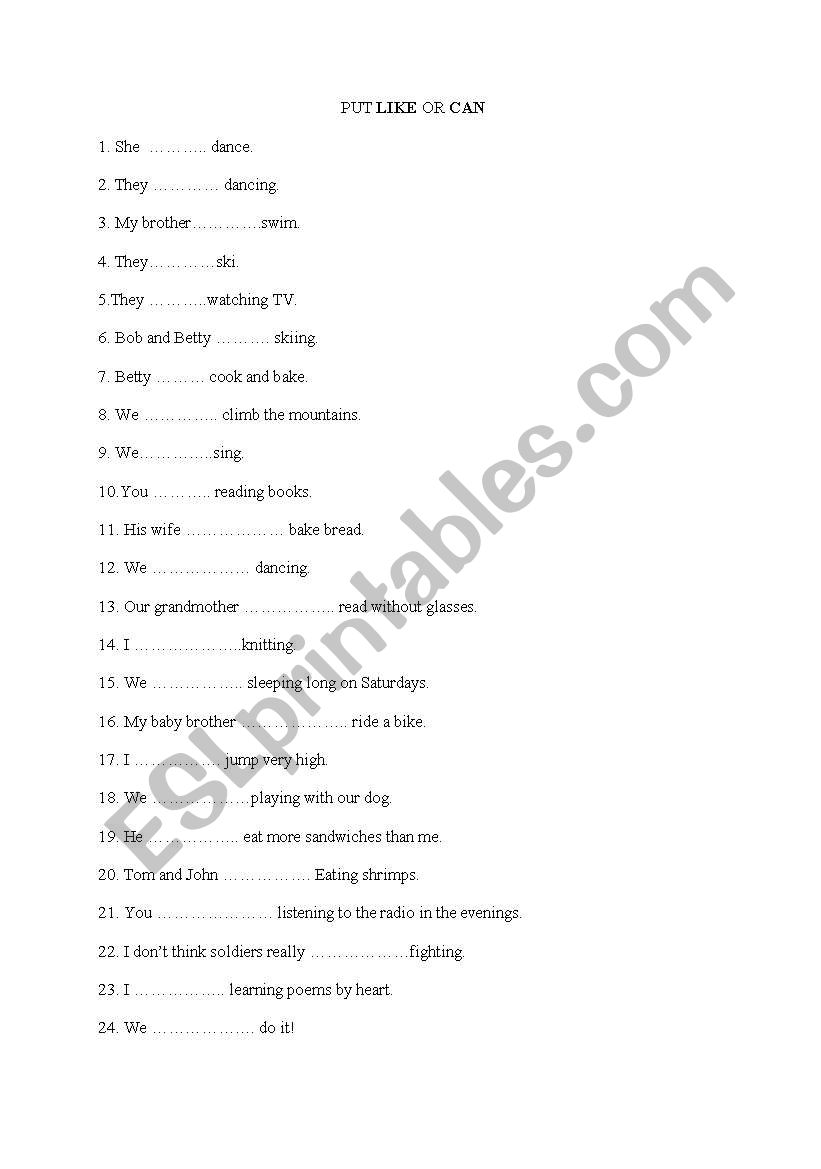 LIKE OR CAN worksheet