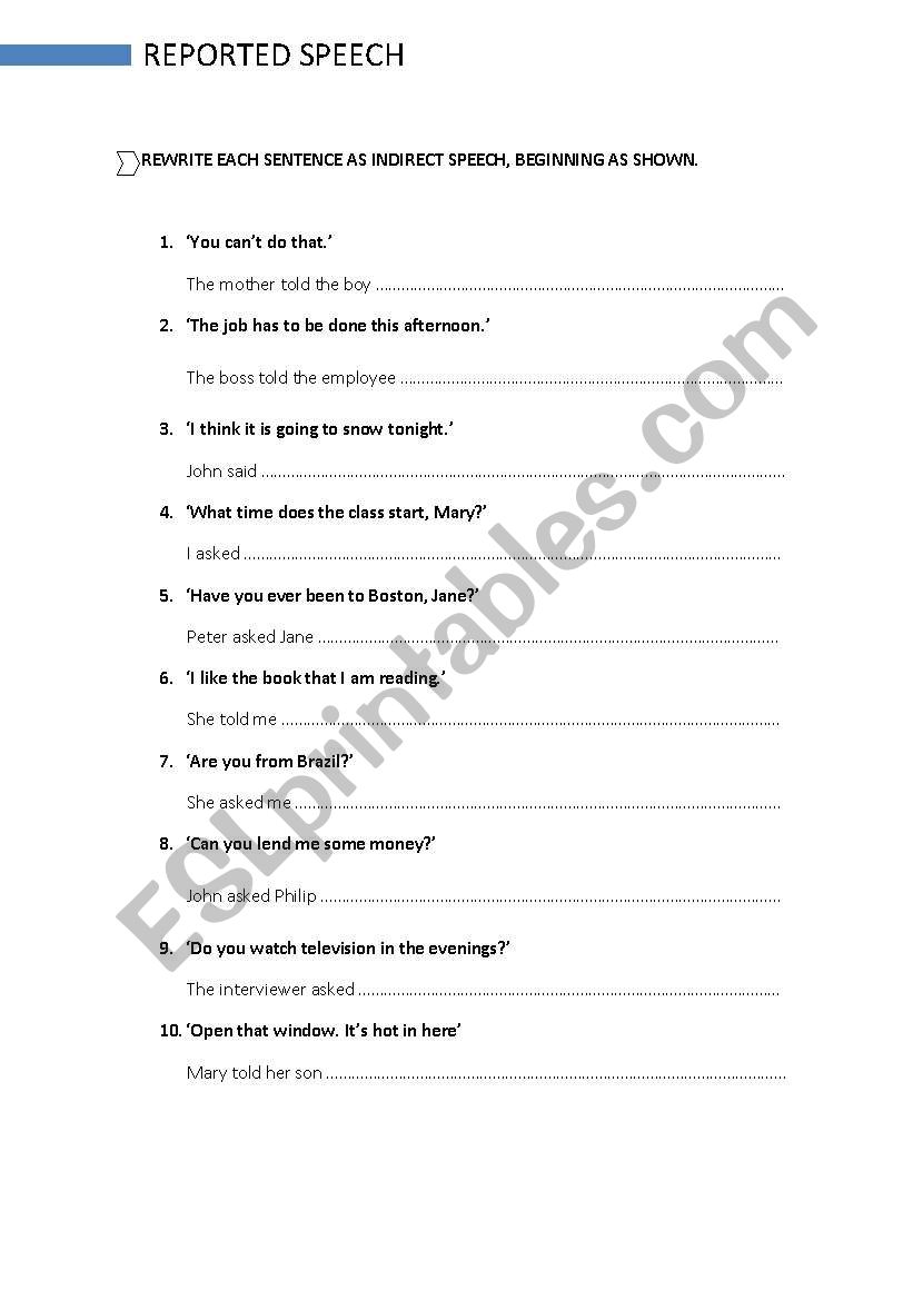 Reorted Speech worksheet