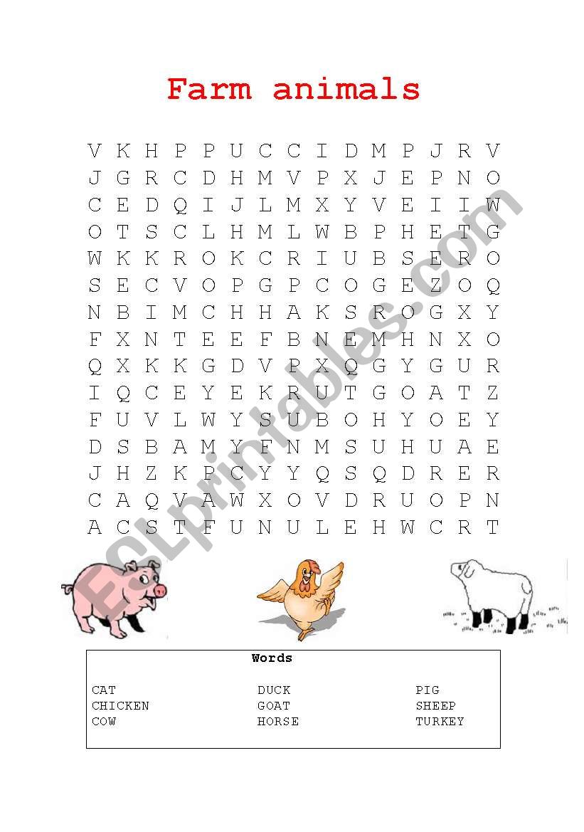 Word search - farm animals worksheet