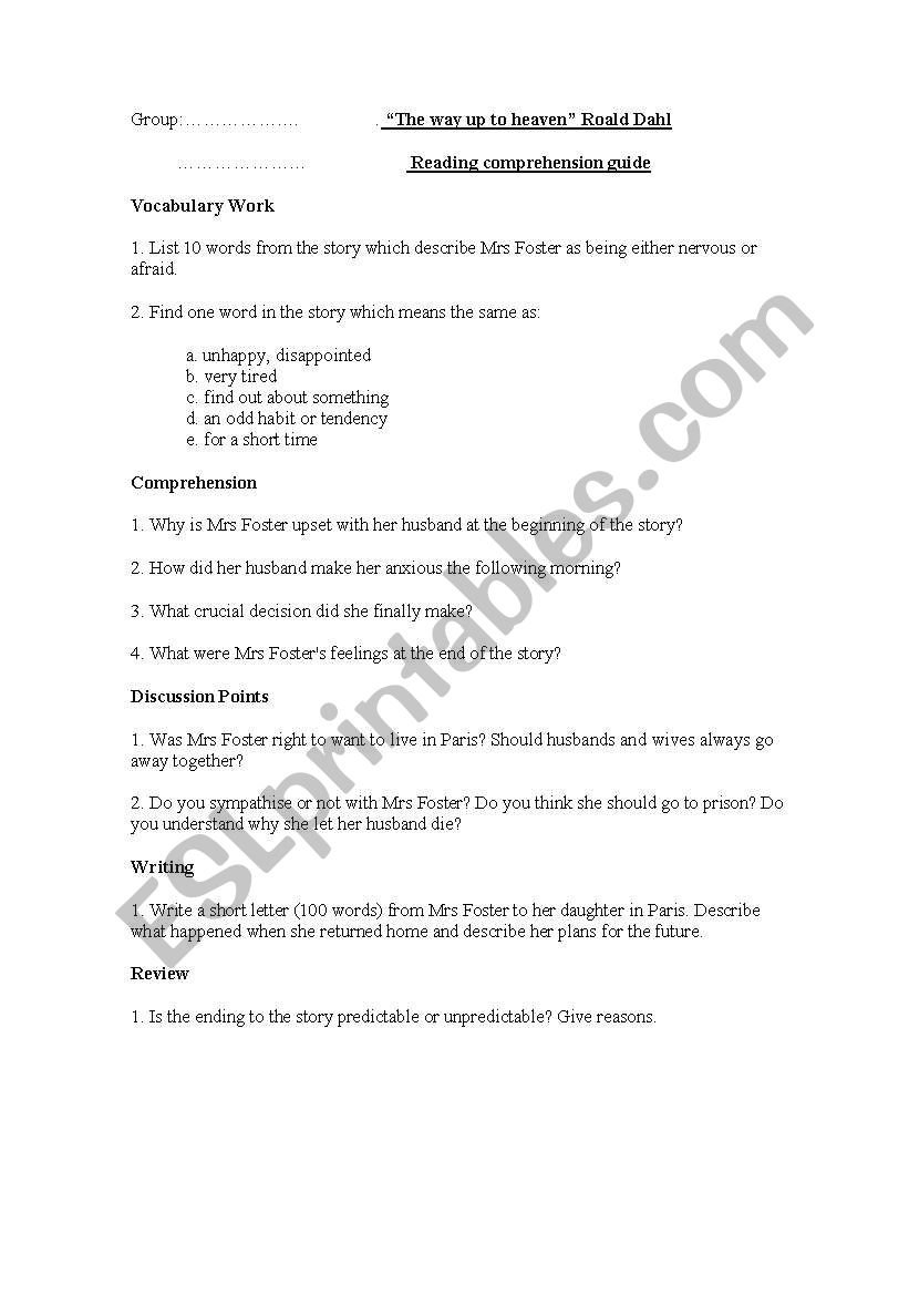 yhe way up to heaven worksheet