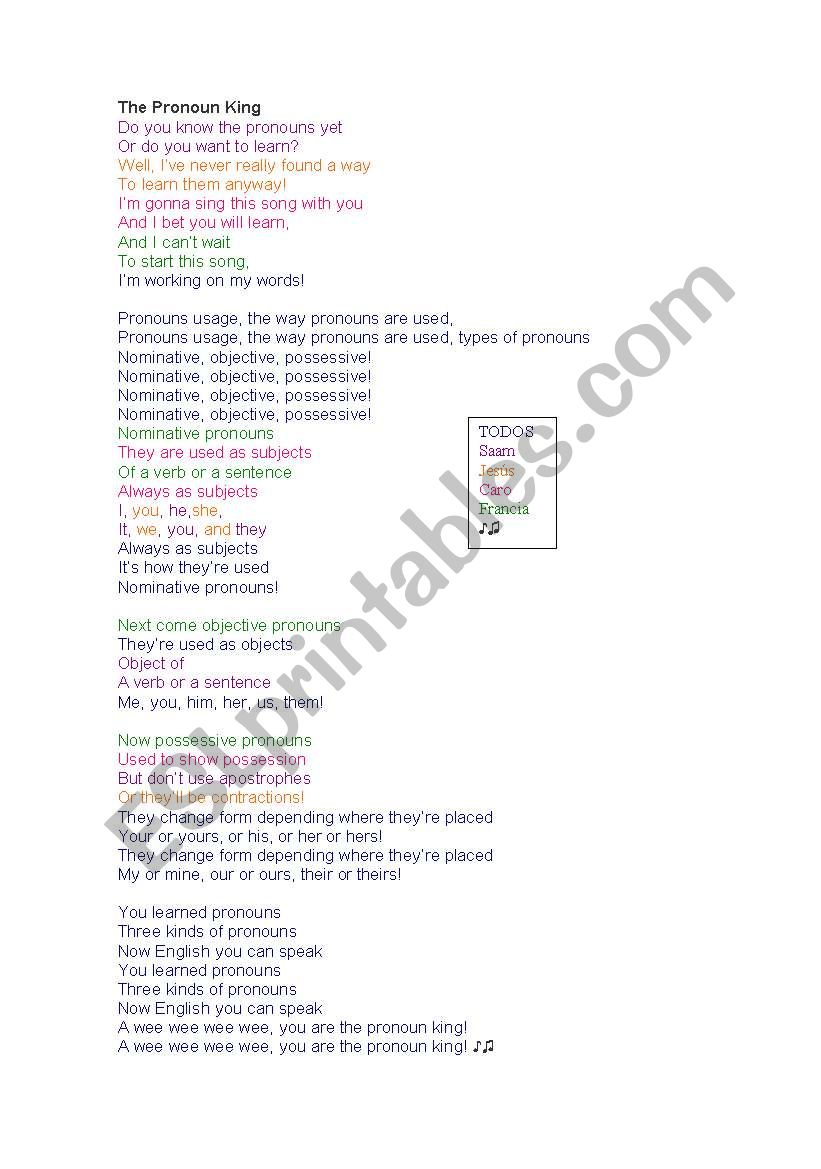 The Pronouns King Song worksheet