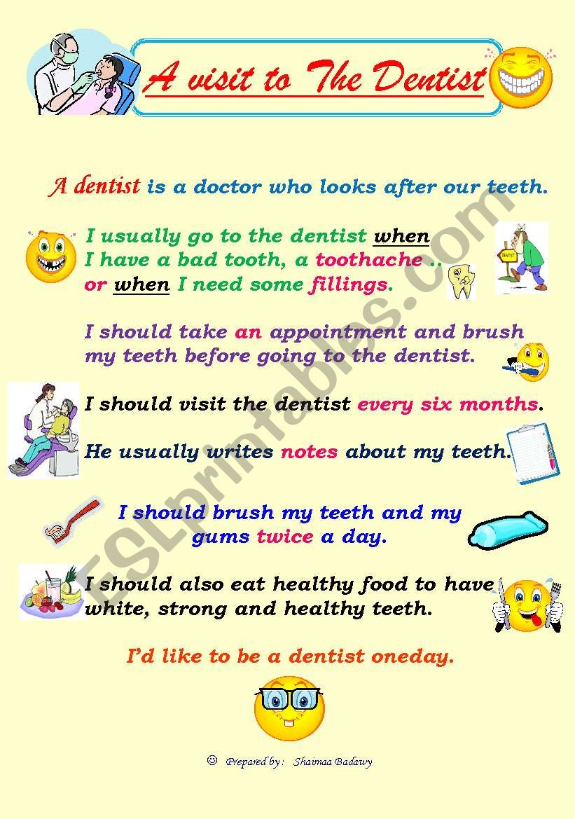 A poster about the Dentist ( printable)+ an exercise about it