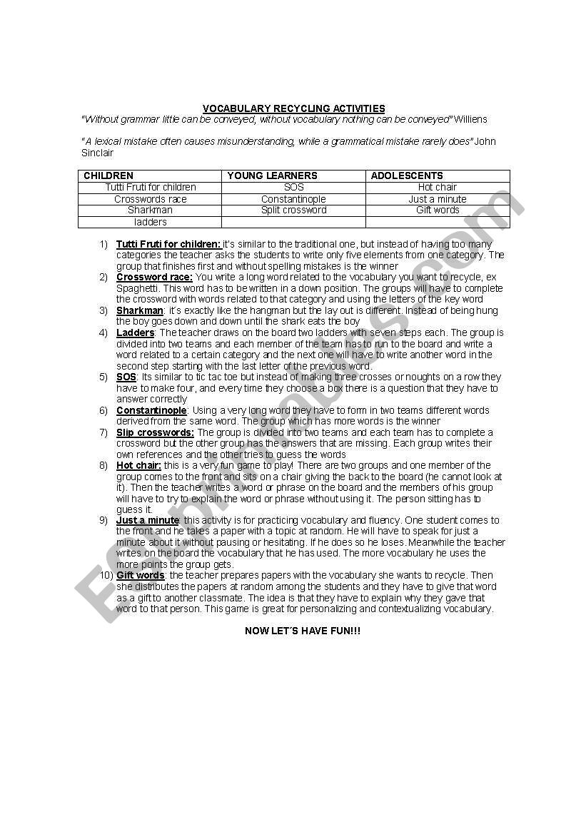 vocabulary games worksheet