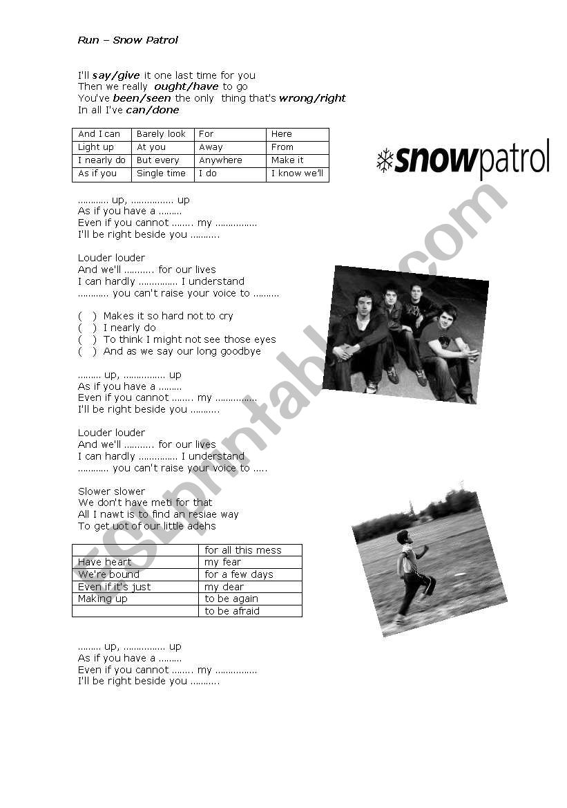 Song - run - Snow Patrol worksheet