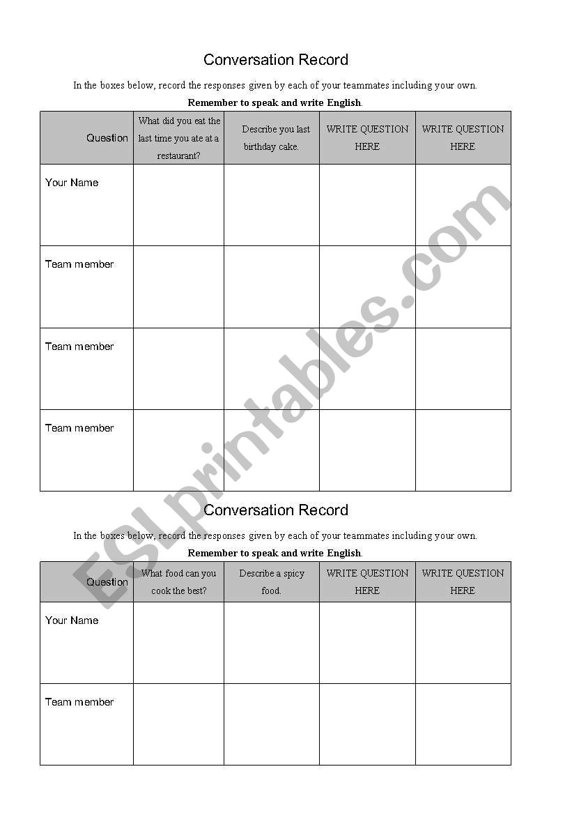 Conversation Round Form worksheet