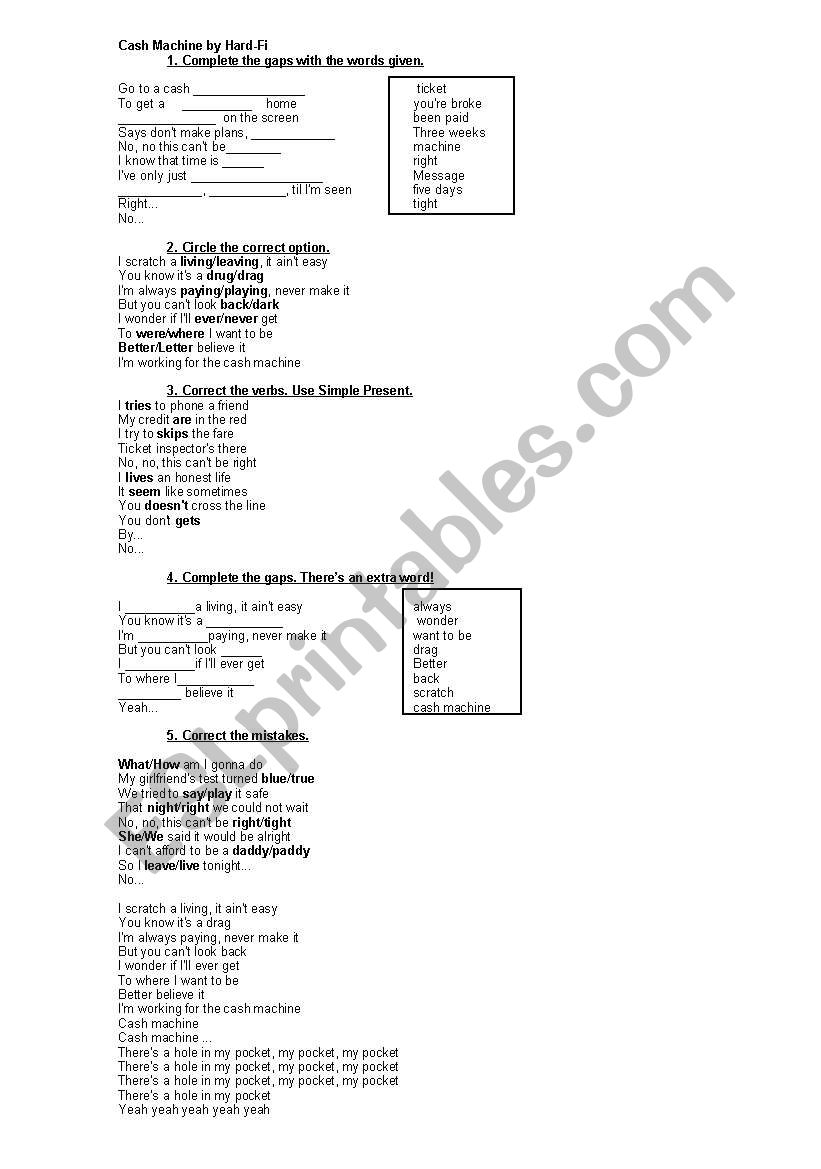 Cash machine by Hard fi worksheet