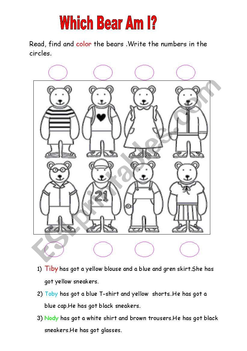 Find and color the teddy bears´ clothes! - ESL worksheet by sirenriver