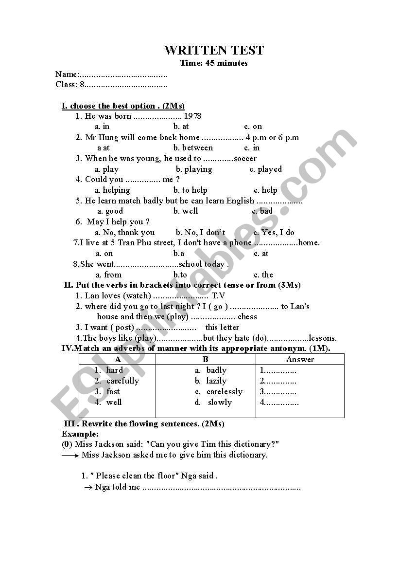 Writen test worksheet