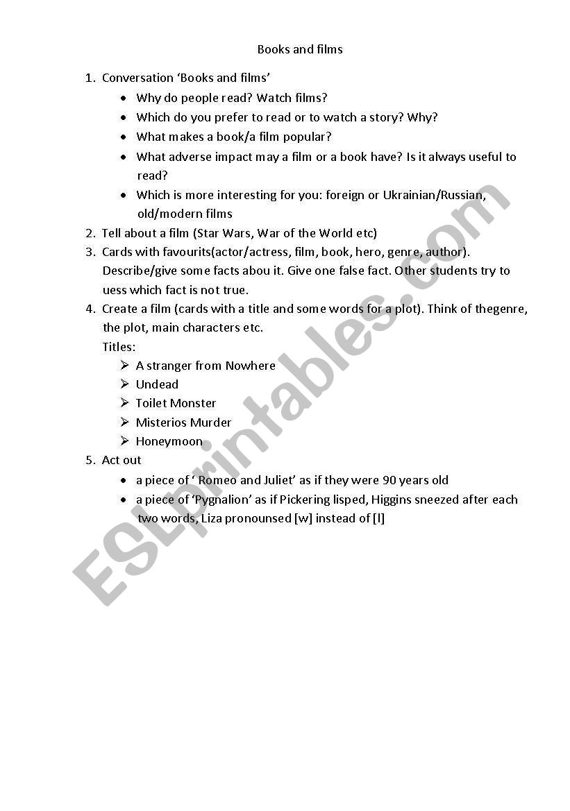 books and films worksheet