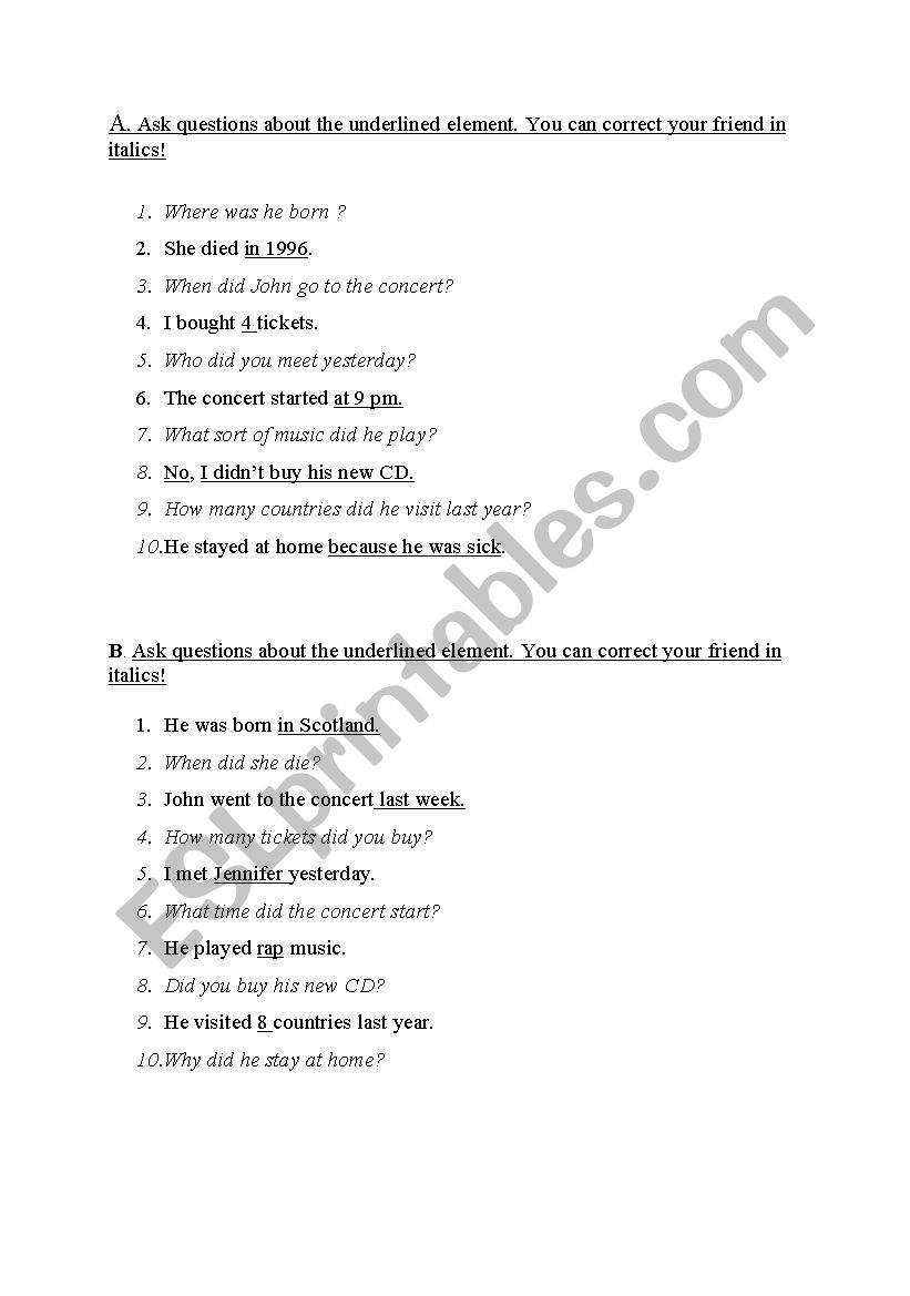 Questions in the past worksheet