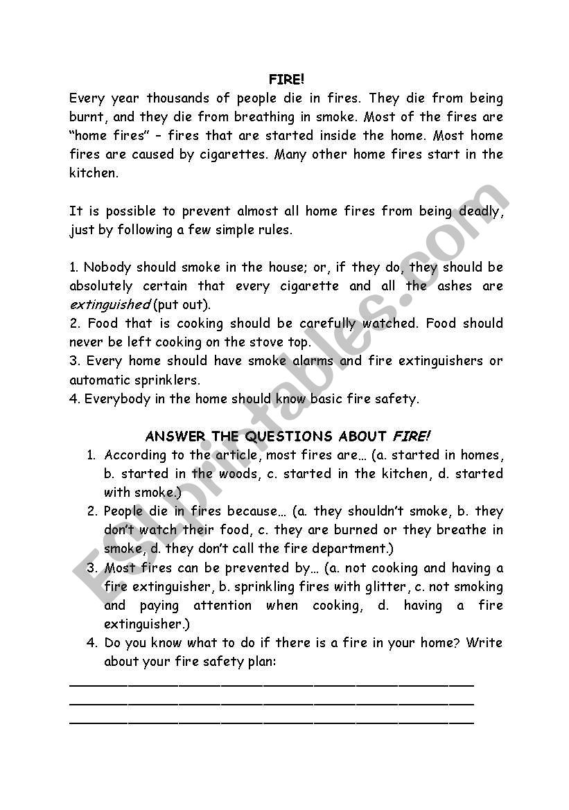 Fire comprehension text worksheet