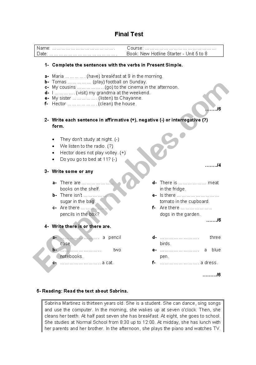 English test worksheet