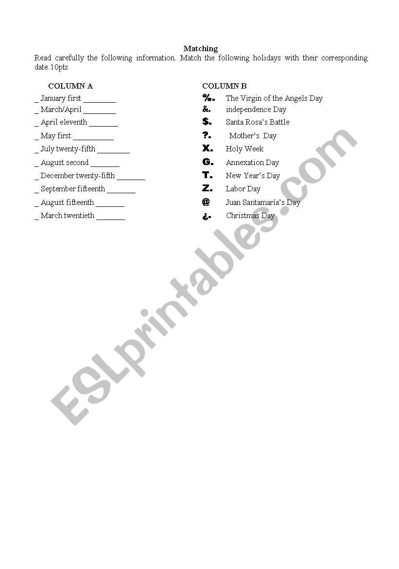 Costa Rica Holidays worksheet