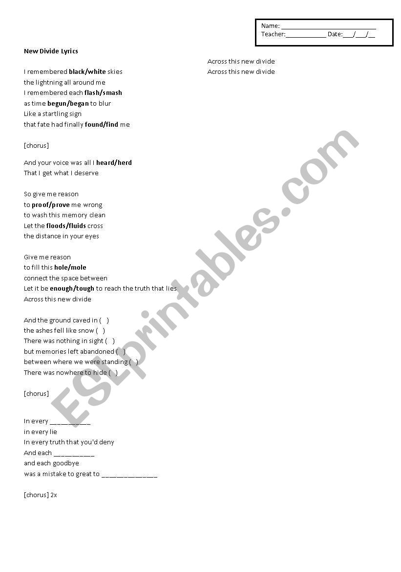 New Divide by Linkin Park worksheet