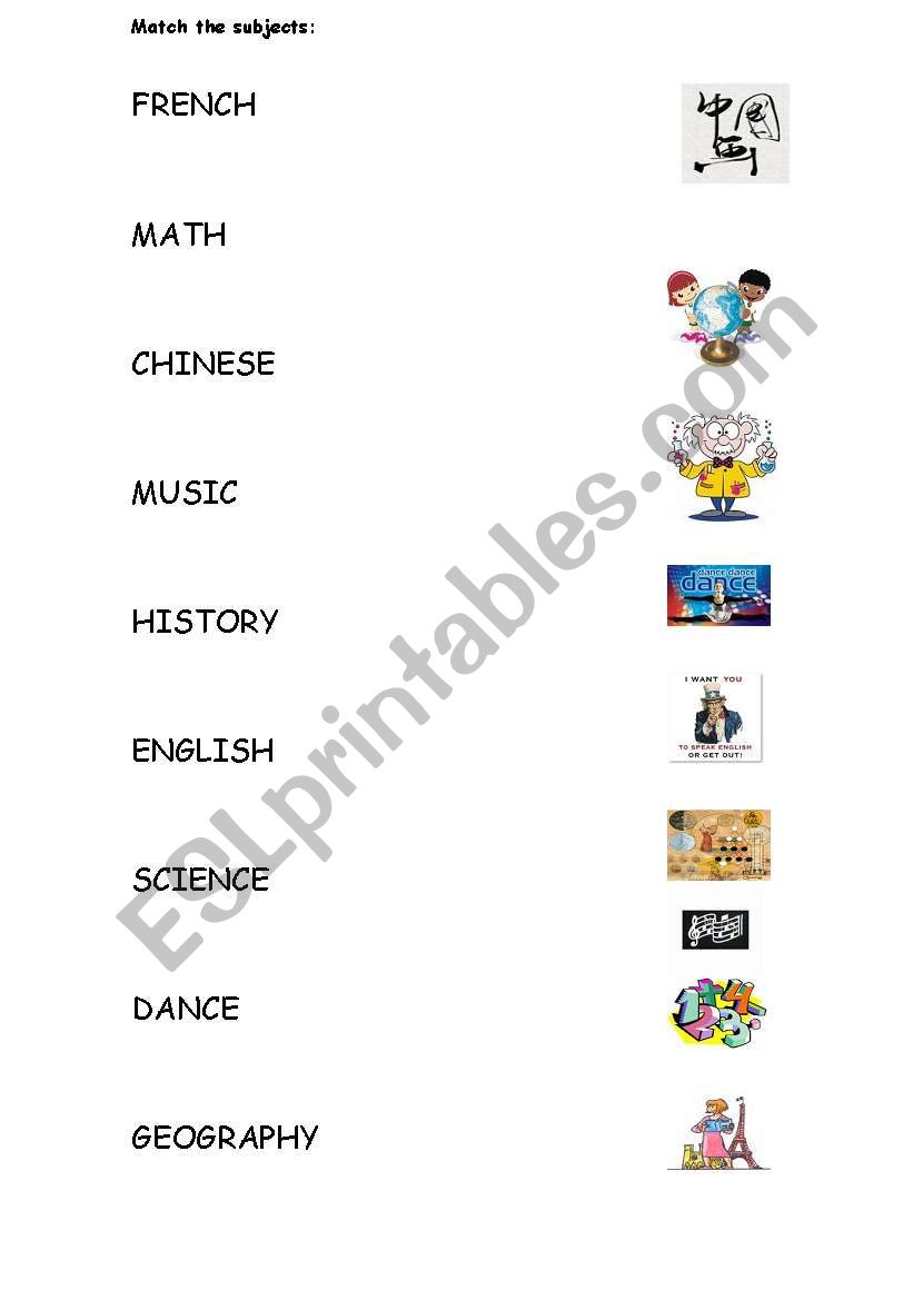 Match the subjects worksheet