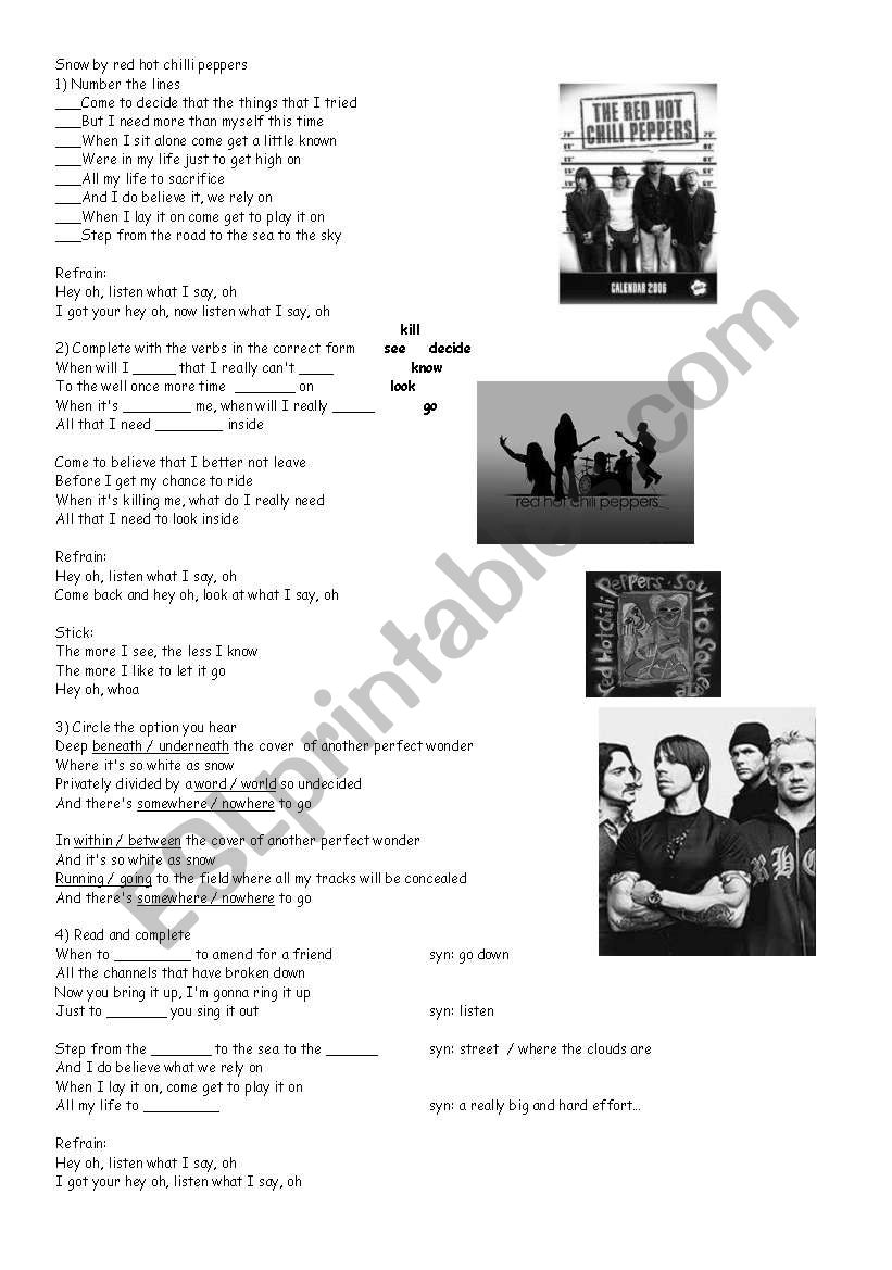 snow - red hot chilli peppers worksheet