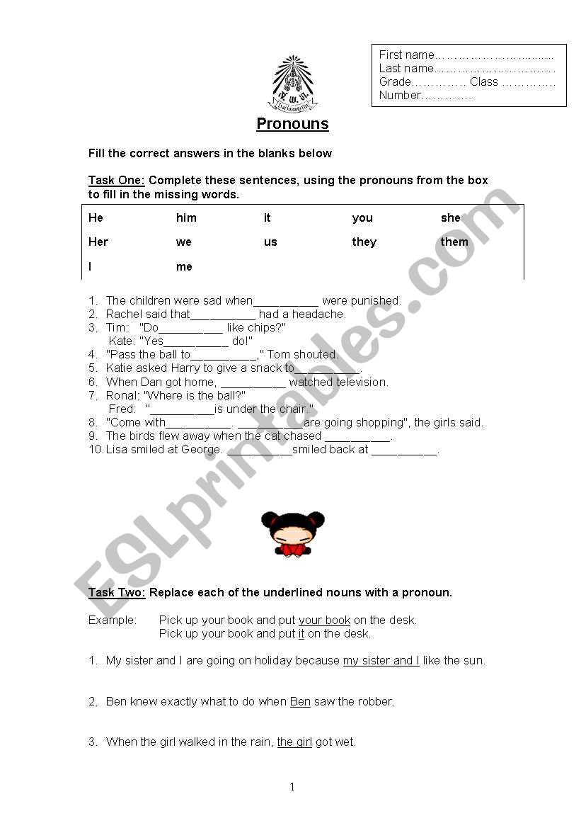 Patricias Pronouns Worksheet worksheet