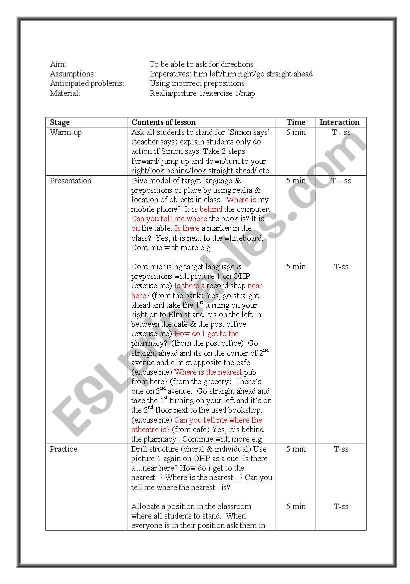 Asking for directions worksheet