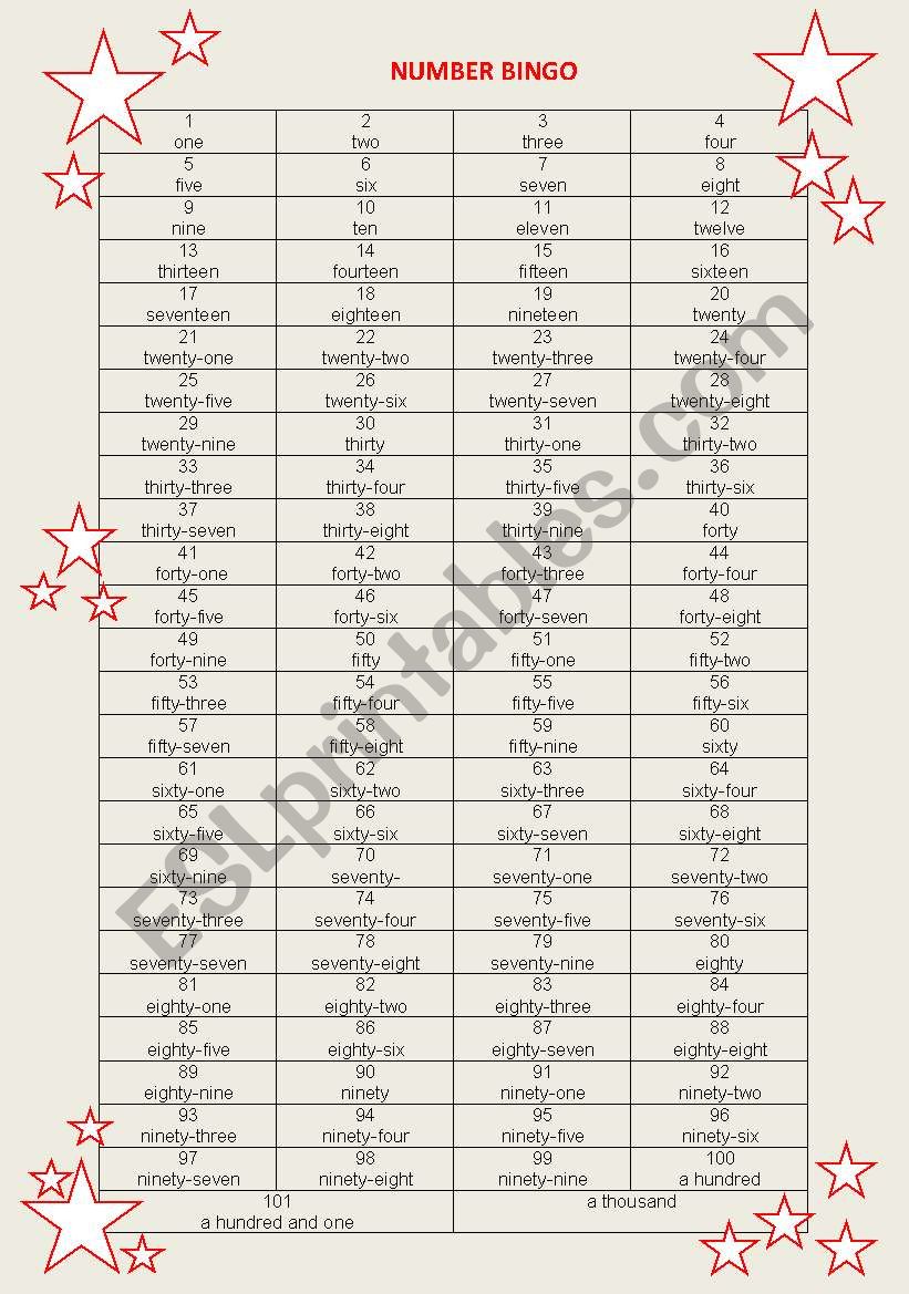 BINGO numbers 1-1000 worksheet