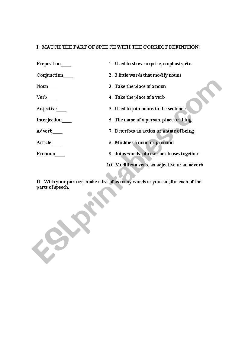 Parts of Speech worksheet worksheet