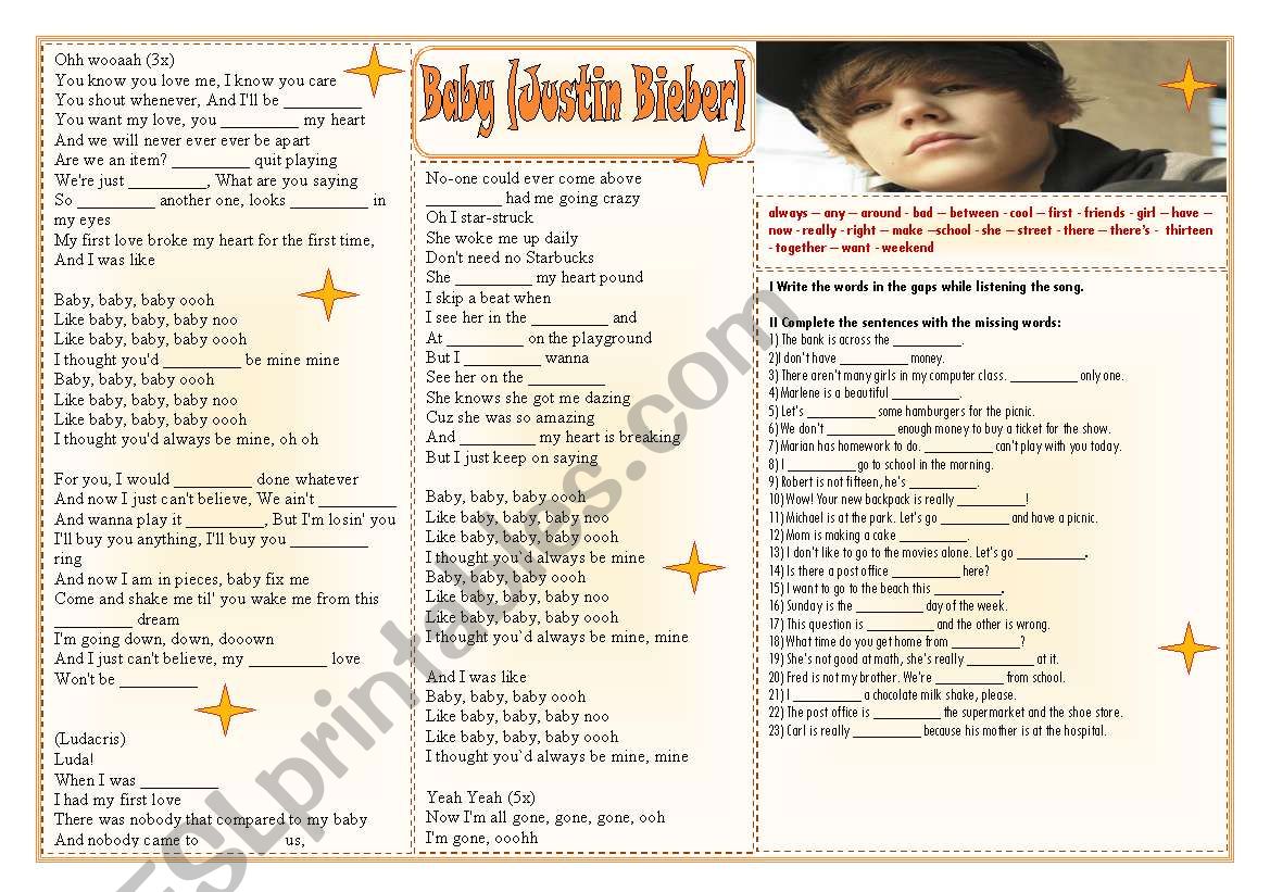 Baby (Justin Bieber) - Listening and Vocabulary ((2pages)) - Keys included ***fully editable