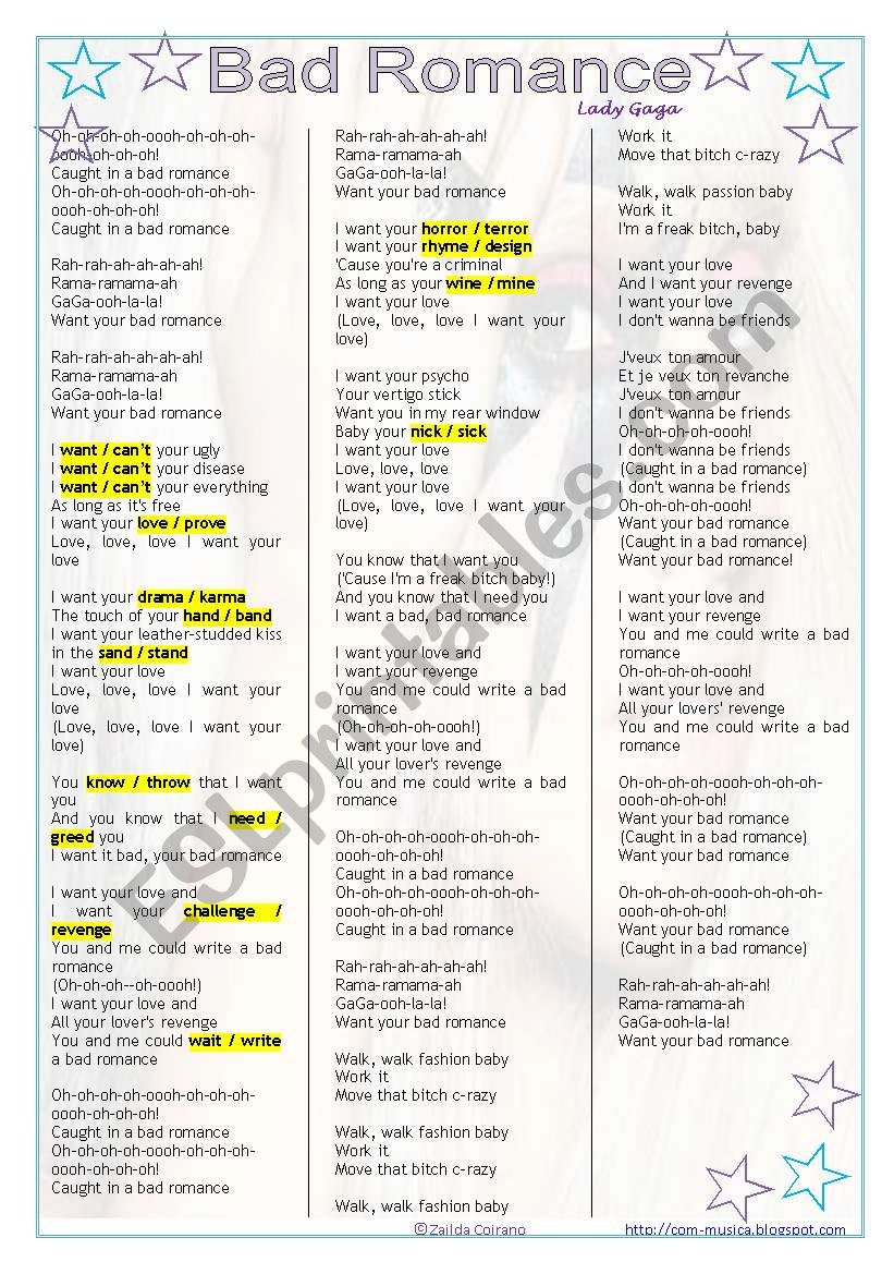 Bad Romance (Lady Gaga) - Present Simple Practice + Listening ((2 pages)) ***fully editable
