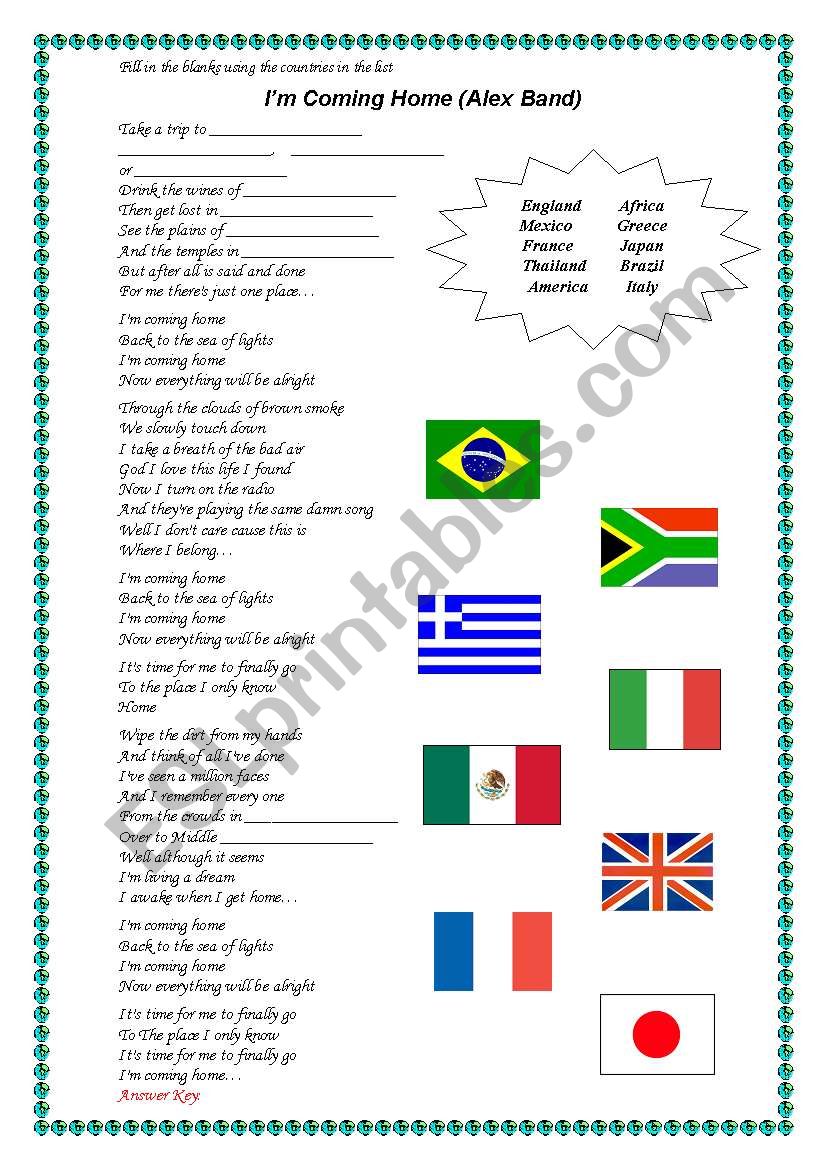 Song Im Coming Home by Alex Band - Good to talk about countries - Answer Key Included