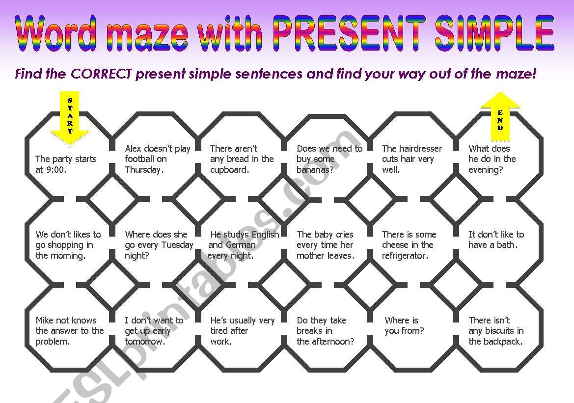 PRESENT SIMPLE MAZE worksheet