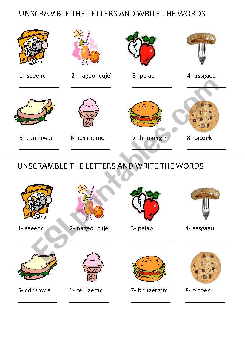 Food (unscramble the words) worksheet