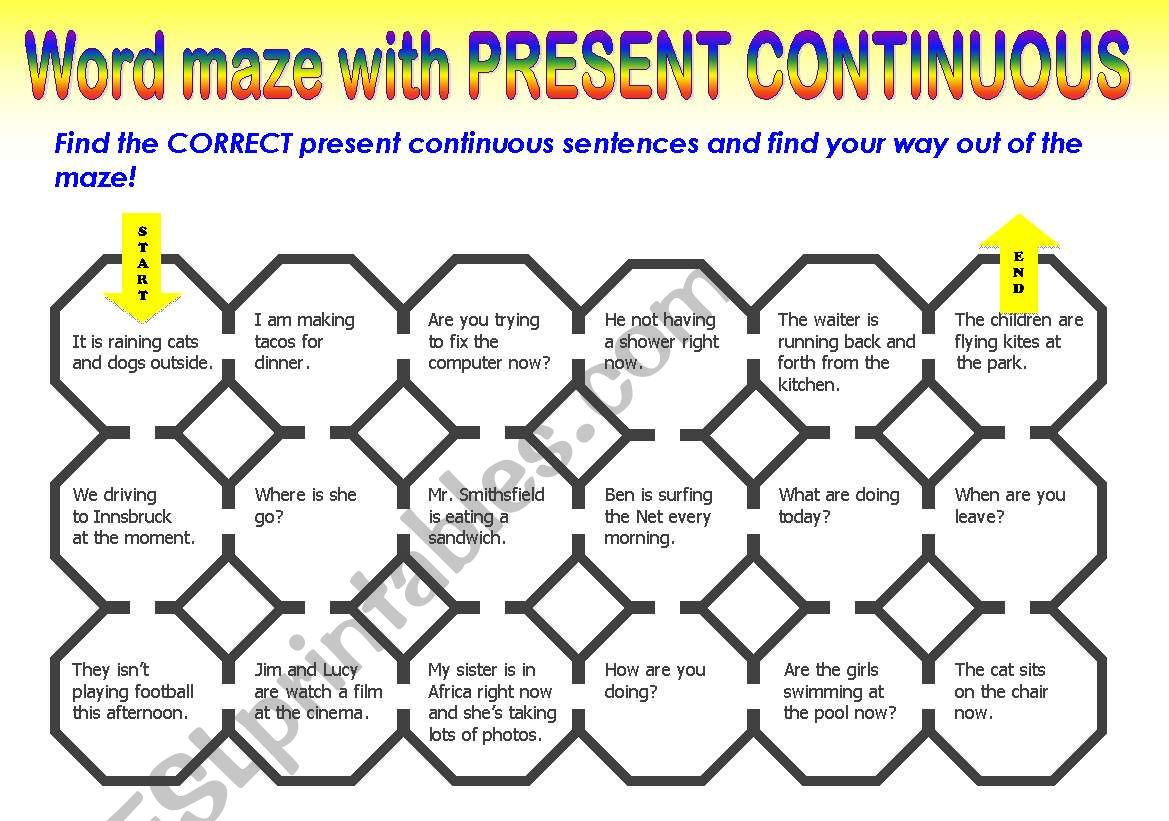 PRESENT CONTINUOUS MAZE worksheet