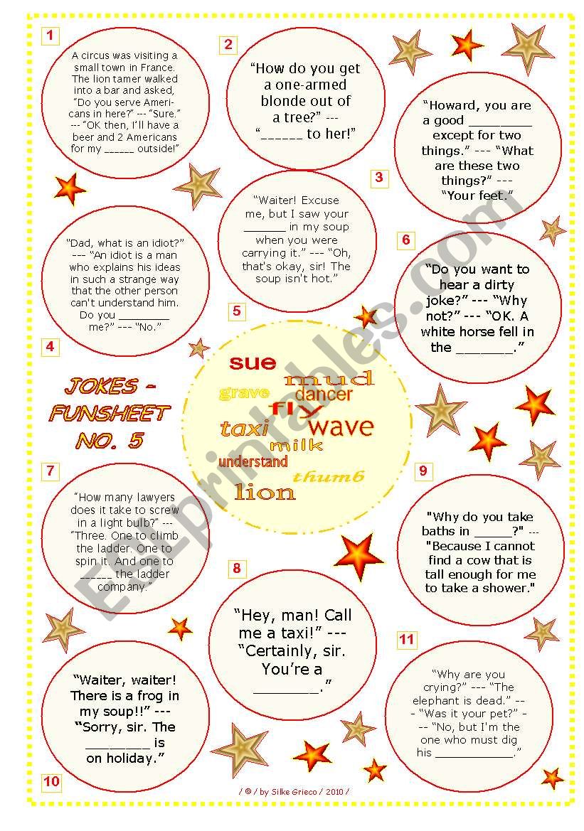 JOKES â€¢ FUNSHEET NO. 5 â€¢ BLACK & WHITE VERSION AND ANSWER KEY INCLUDED â€¢ FULLY EDITABLE â€¢ GOOD FOR ADULTS, TOO!! 