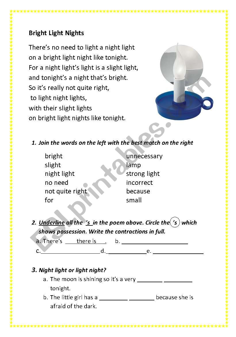 Bright Light Nights worksheet