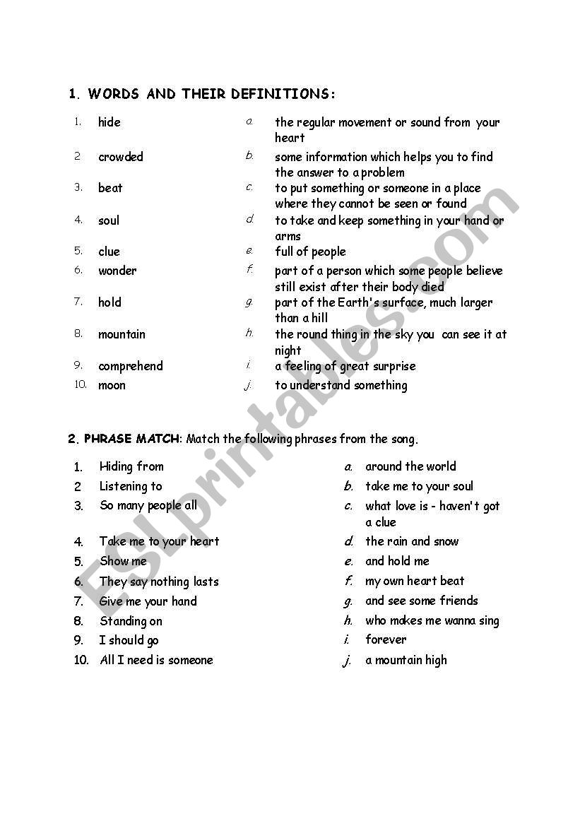 Take me to your heart lessons worksheet