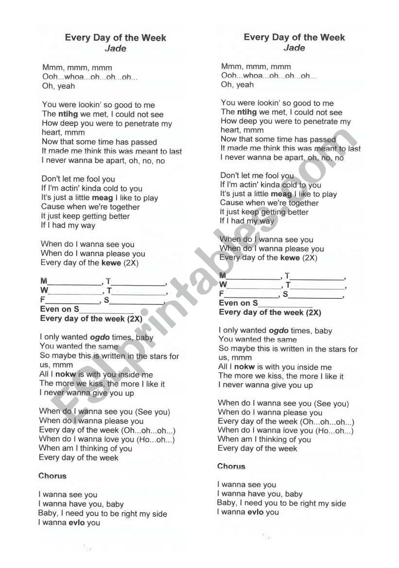 Jade - days of the week worksheet